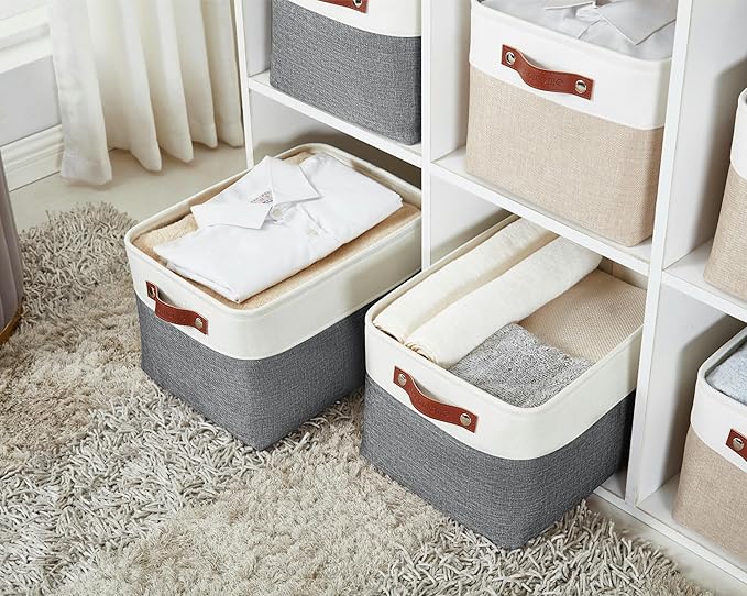 DECOMOMO Storage Bins Fabric Storage Baskets for Shelves, Linen Closet Organization Toys Nursery (Slate Grey and White, Large - 3 Pack)