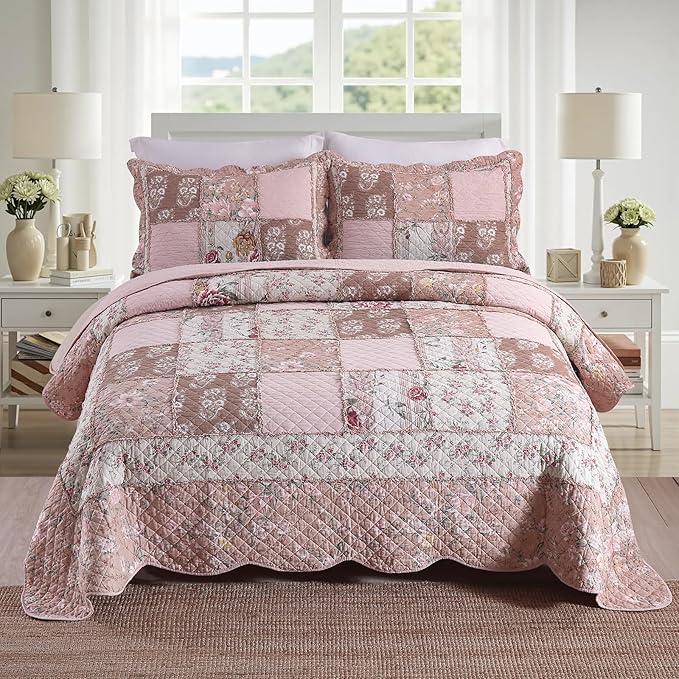 NEWLAKE Quilt Set King Size, Cotton Patchwork Pink Floral Quilt Sets, Real Stitched Embroidery Bedspread Lightweight and Breathable for All Seasons, Soft Quilted with 2 Pillow Shams