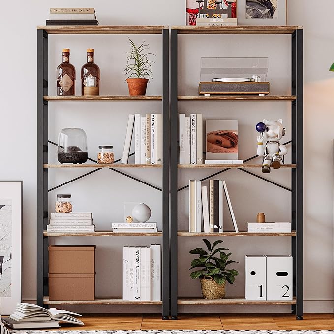 IRONCK Bookshelves and Bookcases, 31.5in Wide Shelf 5-Tier Ladder Shelf 110lbs/shelf Vintage Industrial Style Bookcase for Bedroom Living Room Home, Rustics Brown