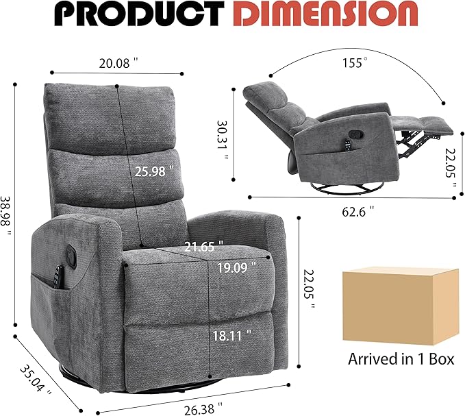 Manual Swivel Rocker Recliner Chair for Adults, Overstuffed Reclining Glider Chair for Nursing with Vibration Massage & Heat, Living Room Rocking Recliner 3-Stage backrest, Chenille Fabric Dark Gray