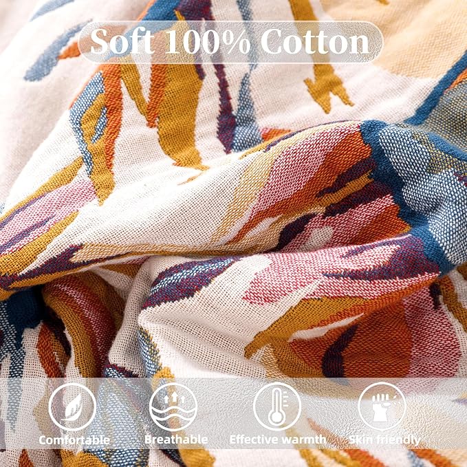 Boho Throw Blanket for Bed - 100% Pure Organic Cotton Ultra Soft Rustic Quilt - Farmhouse Decor Bed Blankets, All Season Rustic Throw for Sofa Couch Chair(91''x 98'', Floral)