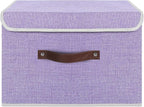 ANMINY 4PCS Storage Bins with Lid PU Leather Handles Storage Boxes PP Plastic Board Decorative Foldable Lidded Cotton Linen Fabric Home Cubes Baskets Closet Organizer Containers - Purple, Large Size