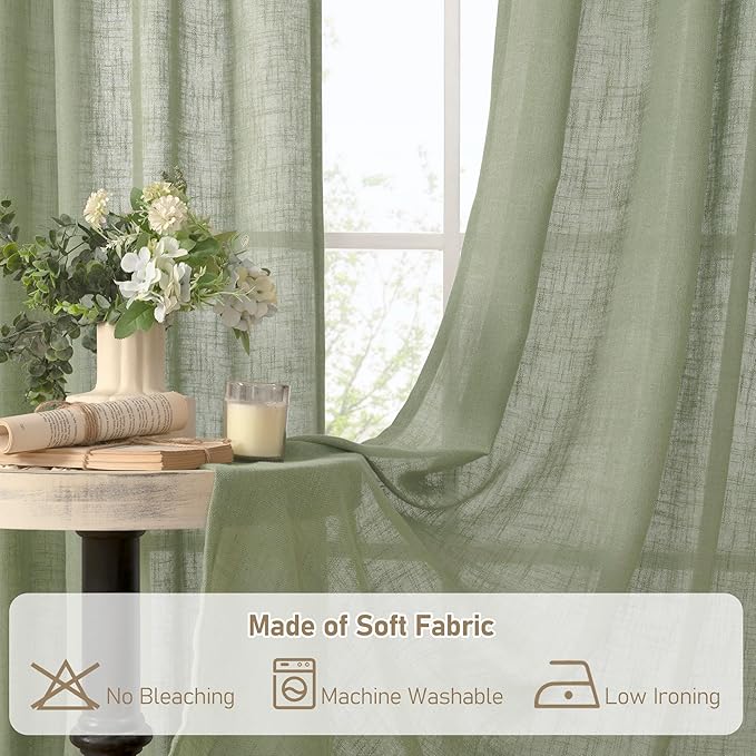 LAMIT Semi Sheer Linen Curtains 54 Inch Long 2 Panels, Sage Green Light Filtering Panels Bronze Grommet Linen Textured Christams Window Drapes for Kitchen/Windows/Bedroom, 52 x 54 Inch