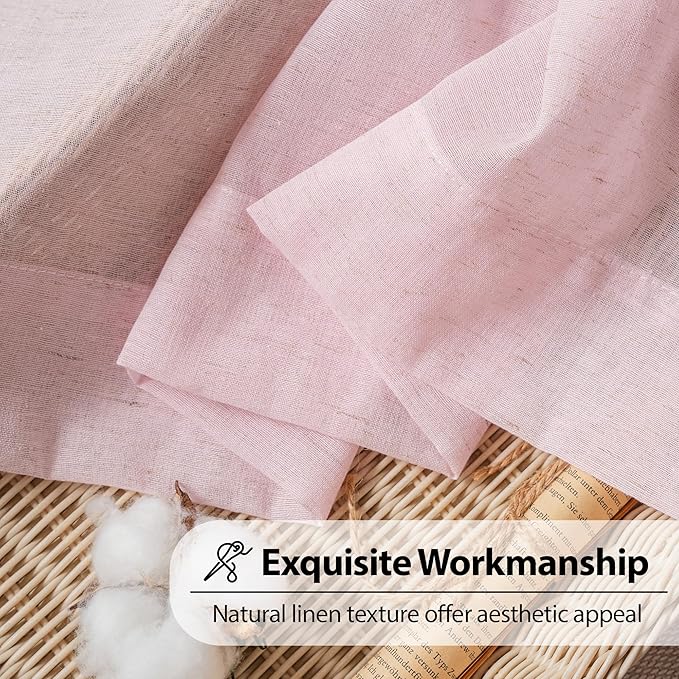 FMFUNCTEX Linen Sheer Curtains for Bedroom, Pink Curtains 63 Inch Length for Living Room, Blush Pink Farmhouse French Flax Blend Window Draperies, Rod Pocket 2 Panels Set