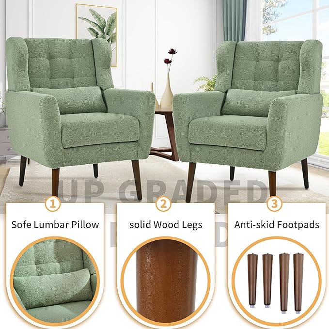 Accent Chair Set of 2, Upholstered Armchair with Pillow, Teddy Single Sofa Chair with Lounge Seat and Wood Legs for Living Room Small Spaces