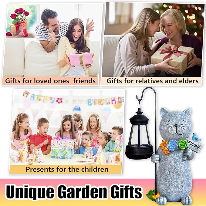 Solar Cat Garden Statues Outdoor Décor with Lantern- Cat Figurines Solar LED Light Lawn Ornaments - Yard Decorations for Patio, Balcony, Backyard -Unique House Warming Gifts for Mom