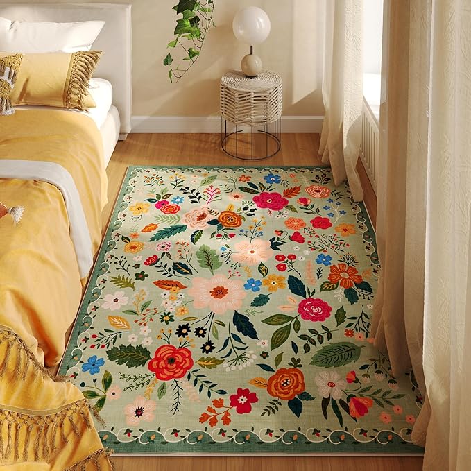 Bedroom Rug 3x5 Rug Washable Area Rug Non Slip Low Pile Boho Floral Small Carpet for Bedroom, Bedside, Kitchen, Entryway, Kids Room, Office, College Dorm Essentials for Girls(Green)