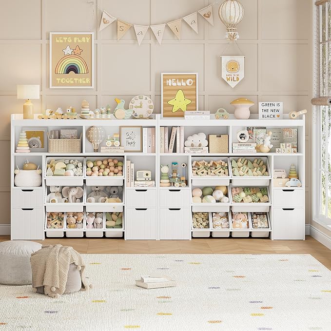 HORSTORS 55" W Toy Storage Organizer with Drawers, Large Kids Toy Storage Box with Removable Bins, Tall Kids Bookshelf and Bookcase for Boys and Girls, Modern Toy Chest for Playroom, Classroom, White