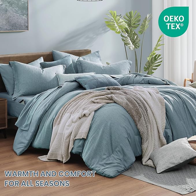 Monbix Queen Comforter Set - 7 Pieces Dusty Blue Cationic Dyeing Bed in a Bag Queen Bedding Sets with Sheets, Pillowcases & Shams, Reversible Bedding Comforters