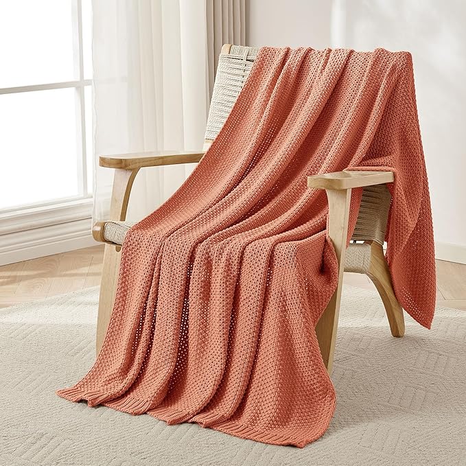 Joydeco Chunky Cable Knit Throw Blanket, Lightweight 100% Cotton Soft Cozy Throw Twin Blanket for Couch Bed and Sofa, Rustic Breathable Farmhouse Blanket Gift for Women Men(Burnt Orange, 51"x63")
