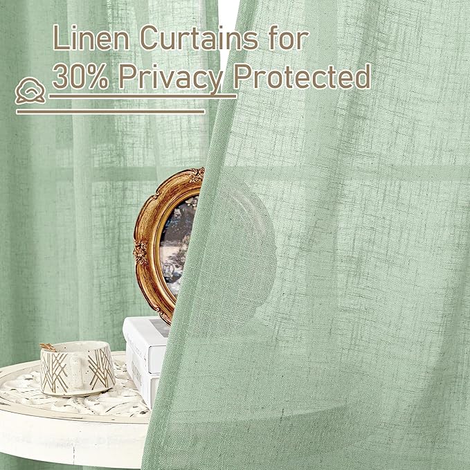 LAMIT Fresh Green Linen Sheer Curtains 45 inch for Kitchen, Soft Thick Light Filtering Boho Decor Neutral Drapes with Bronze Grommet for Basement/Window, 2 Panels, 34 x 45 Inch