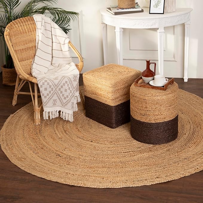 REDEARTH · Cube Pouf Foot Stool Ottoman - Jute Braided Pouffe Poof Accent Sitting Footrest for The Living Room, Bedroom, Nursery, Patio, Lounge & Other Rooms (14.5”x14.5”x16”; Natural Acorn)