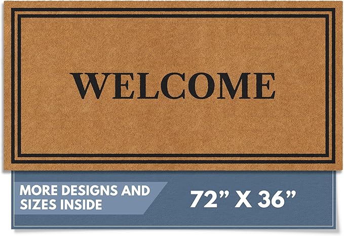 Barnyard Designs Natural Coco Coir Heavy Duty Backing Doormat - Large Cute Non-Slip Front Door Welcome Mat for Outside Entrance or Porch Entry, Brown (36x72, Welcome)