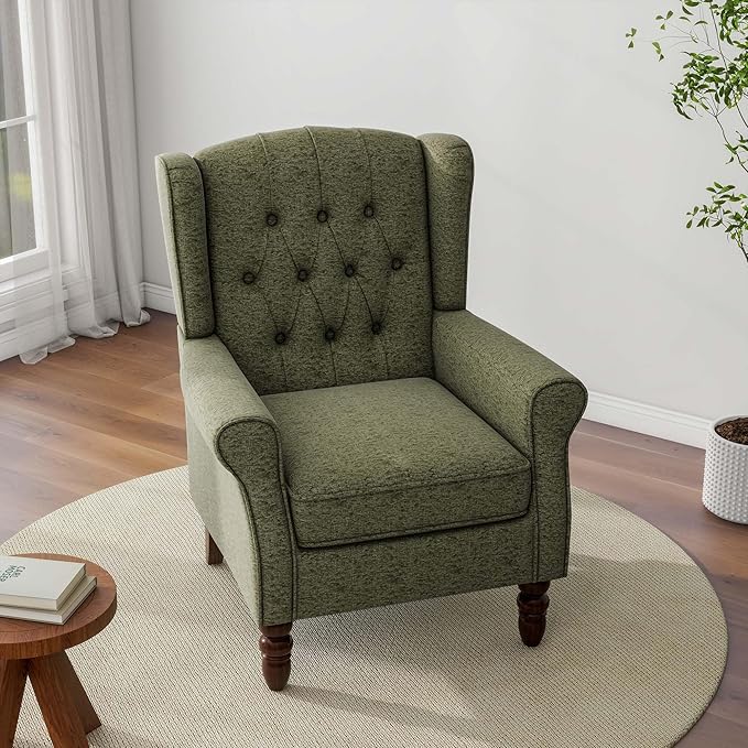 Accent Chair, Upholstered Armchair with Button Tufted High Back & Solid Wood Legs, Comfy Wingback Reading Single Sofa Chair for Small Spaces, Living Room, Bedroom (Green, Set of 1)