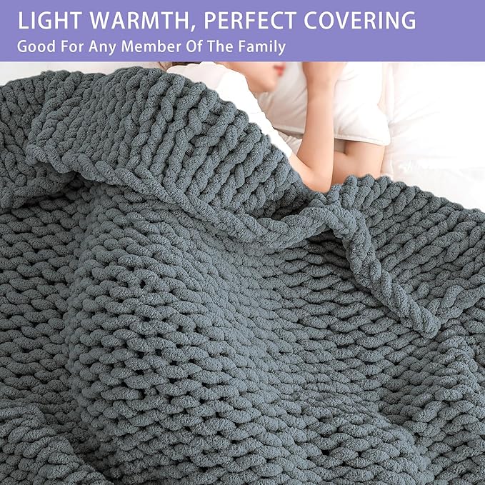 Bigacogo Chunky Knit Throw Blanket for Couch, 60x80 inches, 100% Hand Knitted with Thick Jumbo Chenille Yarn, Cozy Soft Large Rope Knot Cable Crochet Blankets for Sofa Bed Living Room, Iron Gray