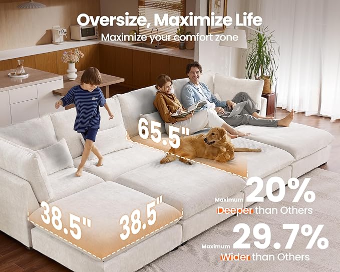 Oversized Modular Sofa, Extra Deep Cloud Chenille Sectional Couch with Ottoman Chaise, Fluffy Chenille 2 Seater Sofa Bed for Living Room, Villa (Loveseat Sofa, Chenille White)