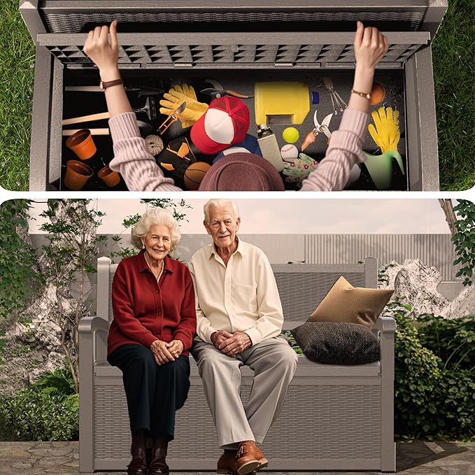 80 Gallon Storage Bench Deck Box Waterproof Lockable,Outdoor Storage Furniture for Patio,Garden and Cushions(Gray)