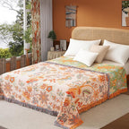 Boho Throw Blanket Full Size, Soft Cozy Cotton Muslin Quilt Blanket for Bed Decor, Floral Patterned Couch Sofa Chair Cover, Vintage Farmhouse Cottage Tapestry Woven Blanket, Coral&Green