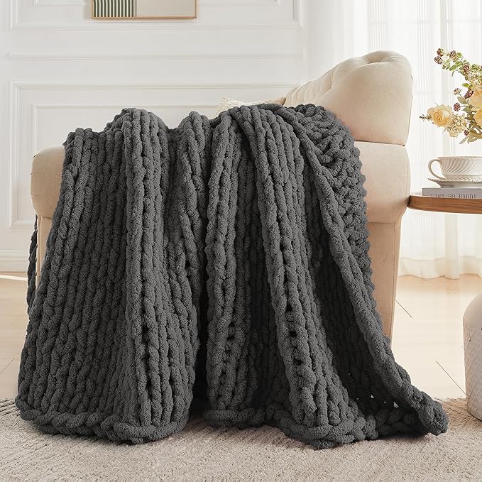 Carriediosa Chunky Knit Throw Blanket 60" X 80" Twin, 100% Hand Made Large Chenille Loop Yarn Soft Fluffy Throws for Couch Sofa Bed, Big Crochet Cozy Heavy Thick Cable Woven Blankets, Dark Grey