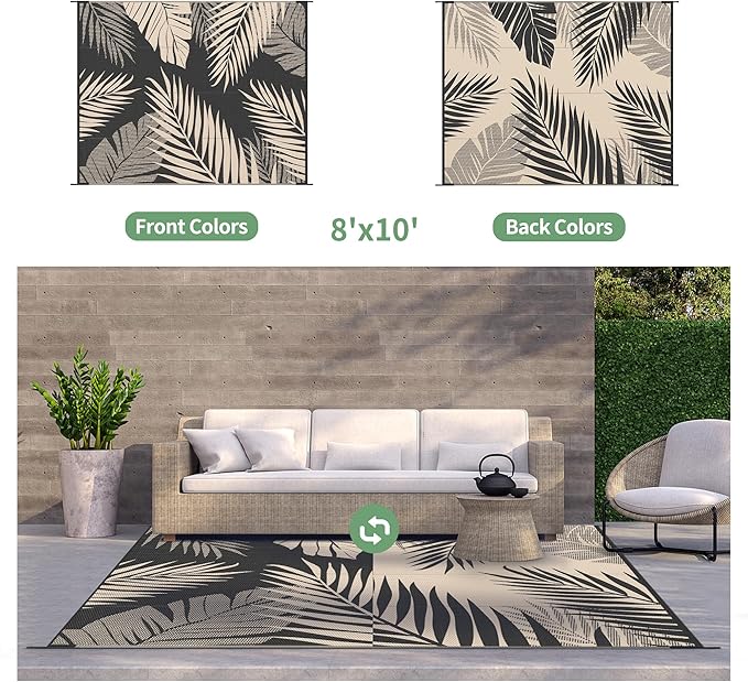 GENIMO Outdoor Rug 8' x 10' Waterproof for Patios Clearance, Reversible Outdoor Plastic Straw Camping Rug Carpet, Large Area Rugs Mats for RV, Camper, Deck, Balcony, Porch, Beach, Picnic, Black&Beige