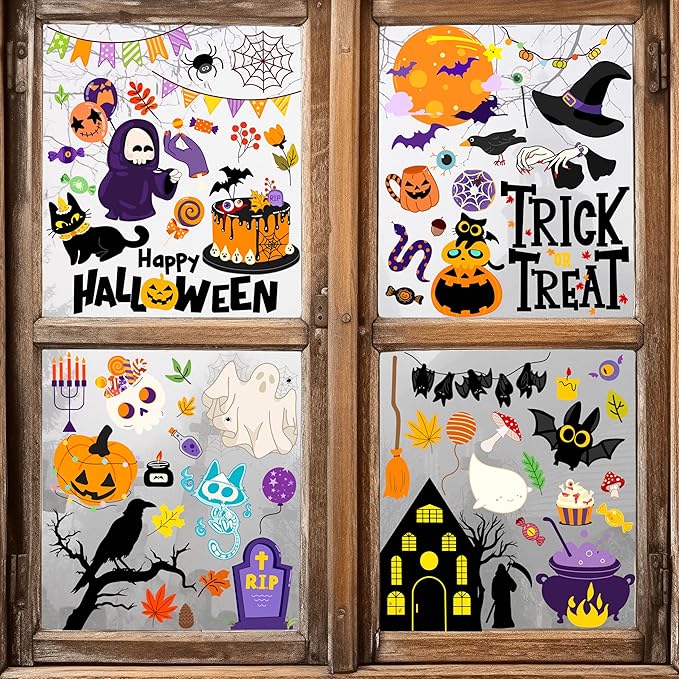 Halloween Window Clings - Halloween Decorations Static Window Stickers for Glass, Removable Large Double-Sided Window Decals for Indoor Home Decor, Bat Fall Cute Party Gift, 65 PCS/9 Sheet