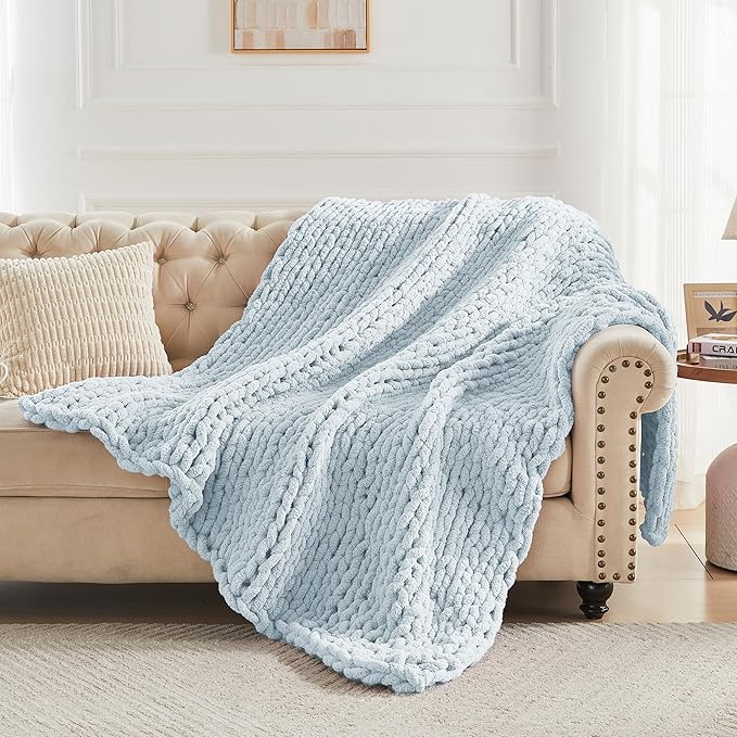 Carriediosa Chunky Knit Throw Blanket 60" X 80" Twin, 100% Hand Made Large Chenille Loop Yarn Soft Fluffy Throws for Couch Sofa Bed, Big Crochet Cozy Heavy Thick Cable Woven Blanket, Light Blue