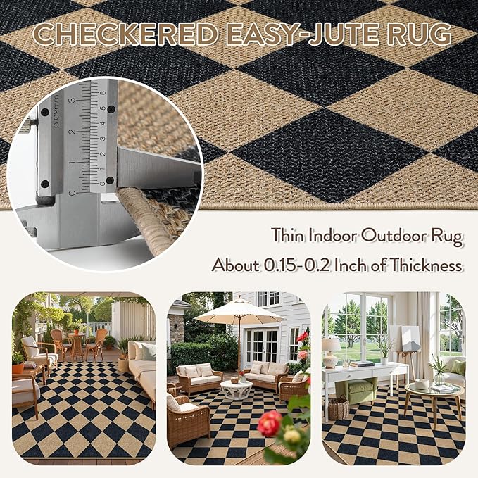 Lahome Checkered Easy Jute Area Rug 8x10, Large Living Room Patio Rug Checkerboard Indoor Outdoor Carpet, Farmhouse Geometric Non Slip Black Carpet for Backyard Dining Room
