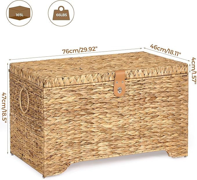 Handwoven Storage Basket with Lid, 165L Wicker Storage Bin, Natural Water Hyacinth, Leather Buckle & Metal Frame, Metal Ring Handles for Easy Transport, Storage Chest & Trunk for Bedroom, Living Room