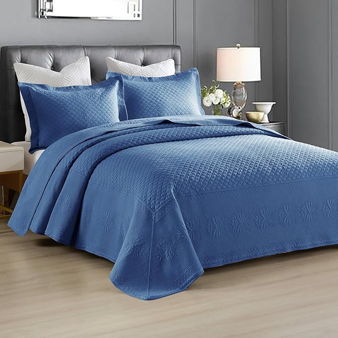 MarCielo 3-Piece 100% Cotton Oversized Bedspread Lightweight Quilt Coverlet Embroidery Farmhouse Bedding Set (TM Midtone Blue, Oversized Queen (100"x106"))