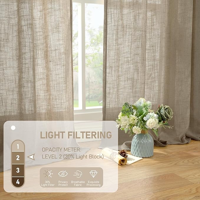 LAMIT Taupe Linen Curtains 90 Inch Length for Living Room, Soft Thick Linen Textured Window Panels Semi Sheer Light Filtering Bronze Grommet Farmhouse Country Decor Drapes, 2 Panels, 52 x 90 Inch