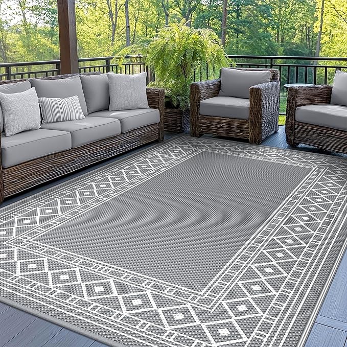 GENIMO Outdoor Rug Waterproof for Patio Decor, 5'x8' Reversible Plastic Straw Area Carpet, Camping Outside Mat for Outdoor, RV, Deck, Camper, Balcony,Picnic Grey & White