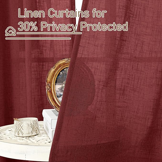 LAMIT Burgundy Red Linen Curtains 48 Inch Length 2 Panels, Light Filtering Semi Sheer Panels Bronze Grommet Christmas Decor Drapes for Small Windows/Kitchen/Bedroom, 34 x 48 Inch