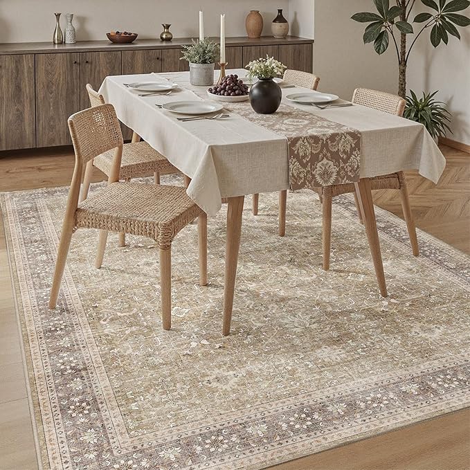 DCX Machine Washable Brown and Beige Area Rug 8x10, Non Slip Stain Resistant Vintage Rug for Living Room Diningroom Bedroom Nursery, Soft Low Pile Large Carpet