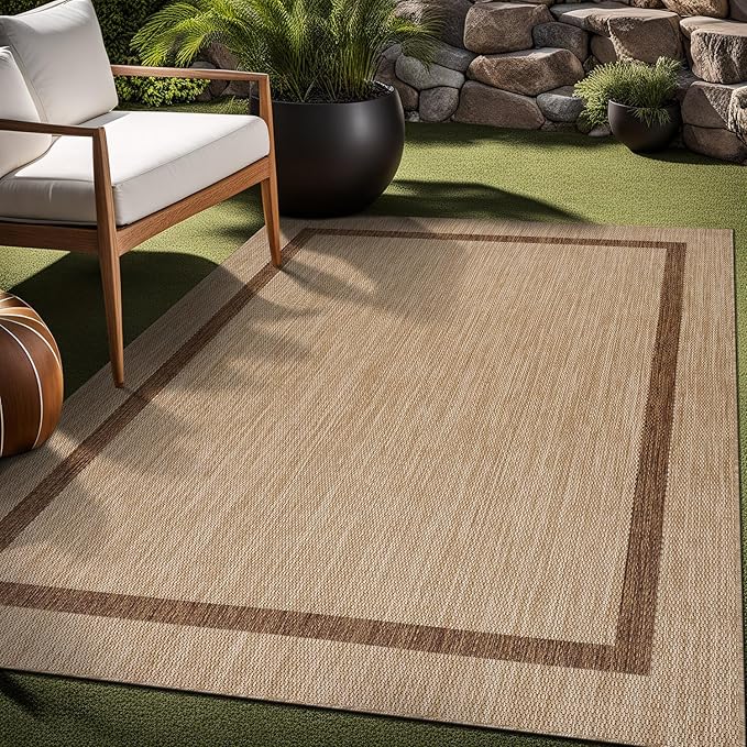 Bordered Outdoor Rug 6x9 Washable Outside Carpet for Indoor Patio Porch Waterproof Easy Cleaning Non Shedding Area Rugs Jute Beige - Nut Brown 6 x 9