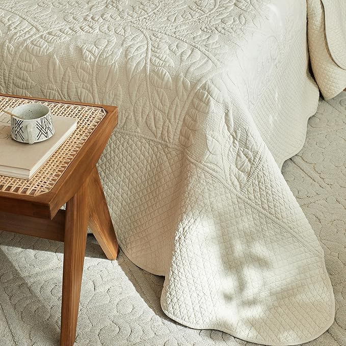 MarCielo 3-Piece 100% Cotton Oversized Bedspread Lightweight Quilt Coverlet Embroidery Farmhouse Bedding Set T0 (Yellowish Beige, Oversized King (118"x106"))