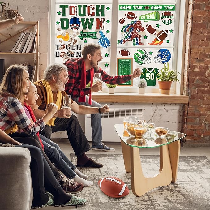 Football Window Clings, Football Party Decorations, Touch Down Party Window Stickers, Green Brown Themed Stickers Decal Gel for Touchdown Party Decor Accessories Set