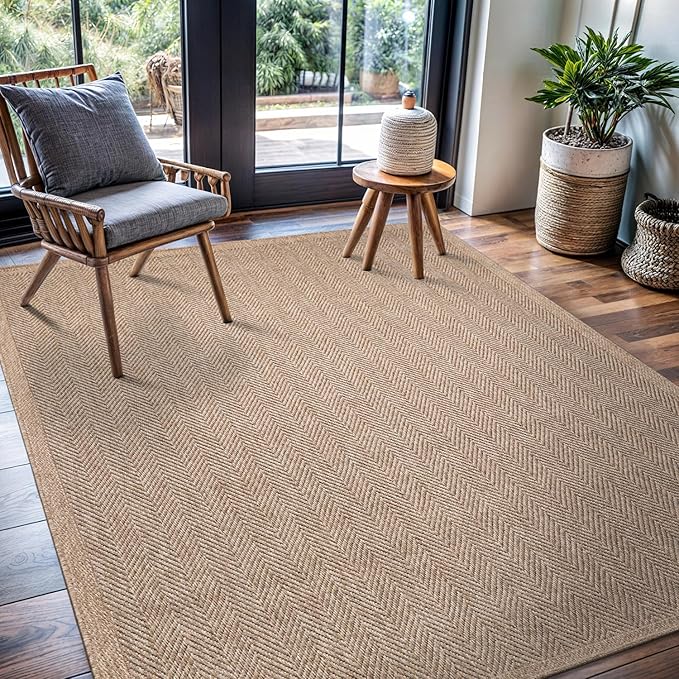 CAMILSON Easy Jute Rug 4x6, Indoor Outdoor Natural Color Fiber Area Rugs for Living Room Patio and Kitchen Rug Herringbone Seagrass Woven Design Easy-Cleaning Washable Outside Carpet Alfombras 4 x 6