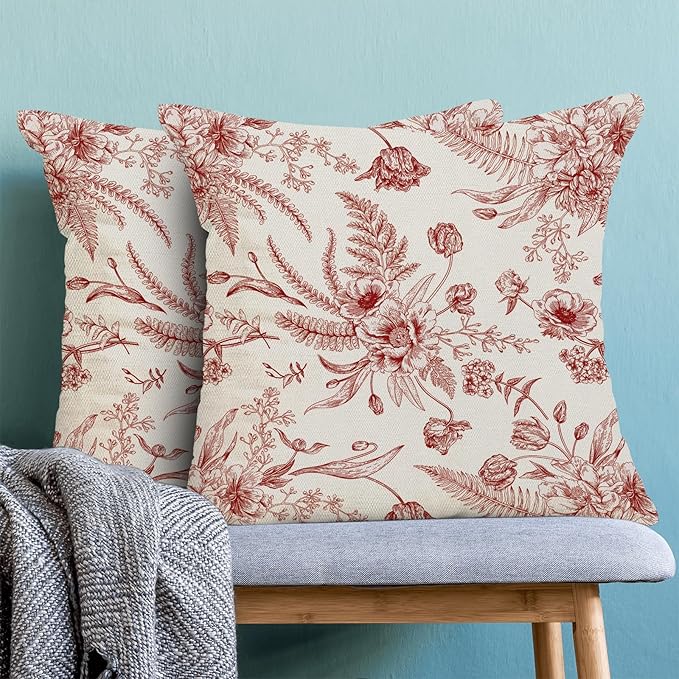 Wine Red Spring Pillow Covers 18 x 18 Inch Set of 2 for Chinoiserie Flowers Decor Throw Pillows Burgundy Floral Leaves Seasonal Plant Outdoor Decorative Cushion Cases for Couch Bed Decorations