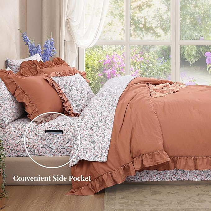 King Comforter Set - 7 Pieces Ruffle Autumn Leaf Bedding Sets, Shabby Chic Farmhouse Bed in a Bag King with Ruffle Comforter, Floral Sheets, Pillowcases & Shams