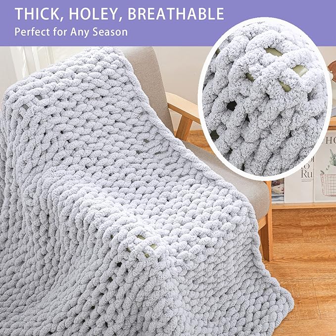 Bigacogo Chunky Knit Throw Blanket for Couch, 80x90 inches, 100% Hand Knitted with Thick Jumbo Chenille Yarn, Cozy Soft Large Rope Knot Cable Crochet Blankets for Sofa Bed Living Room, Light Grey