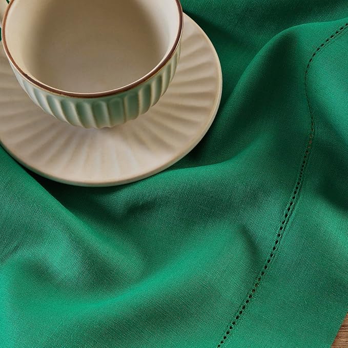 Solino Home Linen Table Runner 90 Inches Long - 100% Pure Linen Emerald Green Table Runner 14 x 90 Inch - Classic Hemstitch