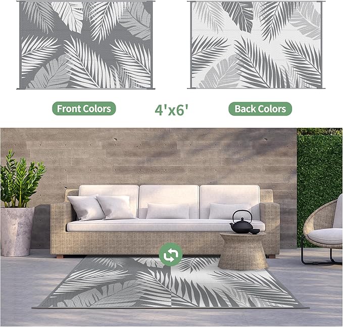 GENIMO Outdoor Rug 4' x 6' Waterproof for Patios Clearance, Reversible Outdoor Plastic Straw Camping Rug Carpet, Large Area Rugs Mats for RV, Camper, Deck, Balcony, Porch, Beach, Picnic, Grey&White