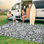 Outdoor Rug 9x12 Waterproof Reversible Plastic Straw Patio Rug, Stain-Resistant Vintage Medallion Carpet, Large Easy-Cleaning Indoor Outdoor RV Mat for Deck, Camping, Balcony, Grey White