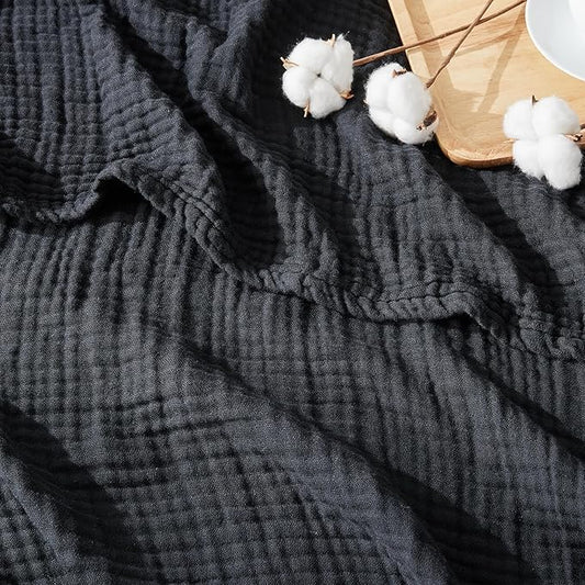 EMME Cotton Muslin Large Throw Blanket Couch Breathable Gauze Blanket Soft Lightweight Bed Blankets Adults (Black, 50"x70")