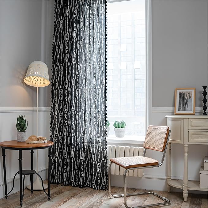 Sutuo Home Boho Curtains 84 Inches Long for Bedroom Living Room Nursery, Bohemian Vintage Tassels Window Treatment Drape for Halloween Decorations Rod Pocket, 1 Panel 59"W x 84"L,Black Stripe Floral