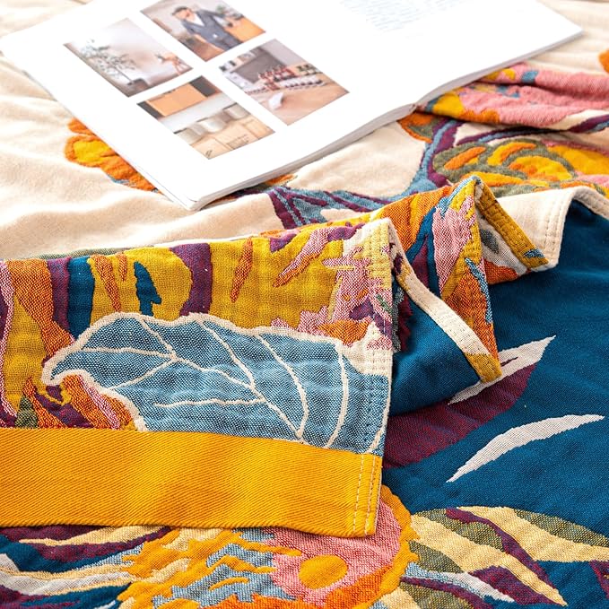 100% Cotton Throw Blanket for Bed Couch Summer 98''x 98'' Super Soft Muslin Blankets Warm Boho Quilt Lightweight Farmhouse Decorative Bed Blankets