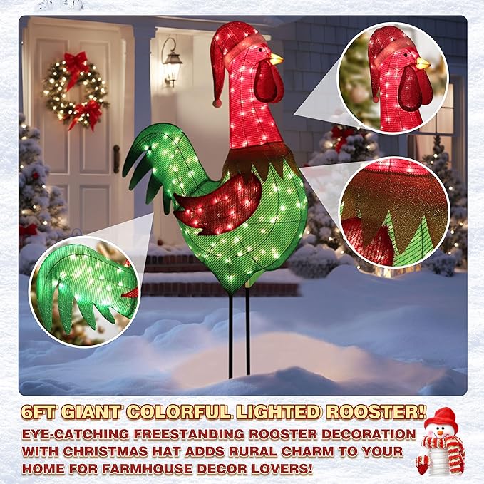 6FT Lighted Rooster with Christmas Hat for Outdoor Christmas Decorations, 3D Pre-Lit Iridescent Rooster Xmas Decor, Glittered Standing Holiday Display Rooster for Outdoor, Indoor