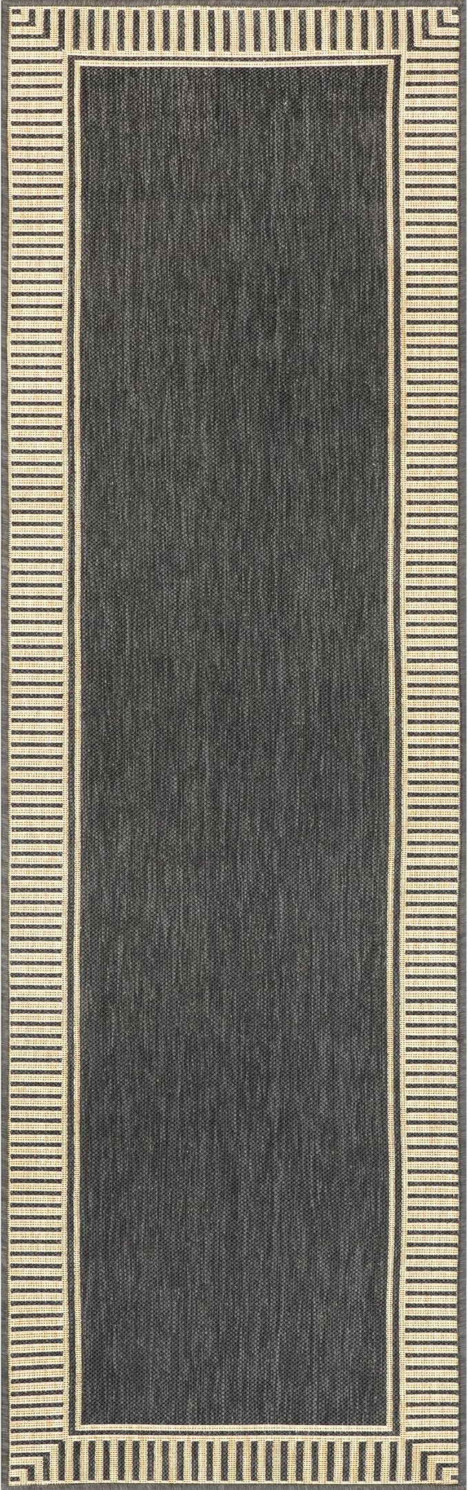 nuLOOM 2' x 8' Outdoor Area Rug, Casual Design With Striped Border, Stain Resistant, Highly Durable, For Patio, Balcony, Bedroom, Living Room, Dining Room, Bathroom, Dark Grey