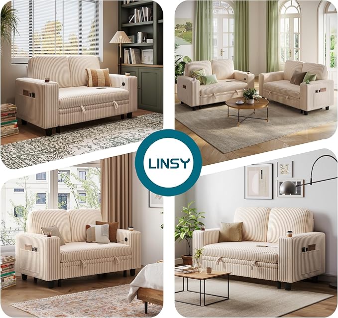 LINSY HOME Loveseat Sofa with Pull Out Couch Chaise: 2-in-1 Convertible 2 Seater Sofa with USB Charging & Cup Holders, Comfy Plush Corduroy Love Seat for Small Spaces Living Room Apartment, Beige