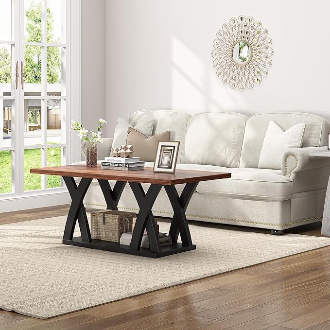 47” Wood Coffee Tables for Living Room Rustic Stands with Storage Shelf Black Blown Coffee Tables for Living Room Farmhouse Center Stands with Shelf. Farmhouse Rectangle Center Table